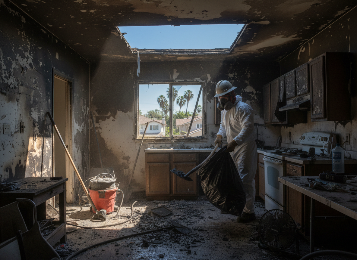 Apartment fire cleanup in Encino